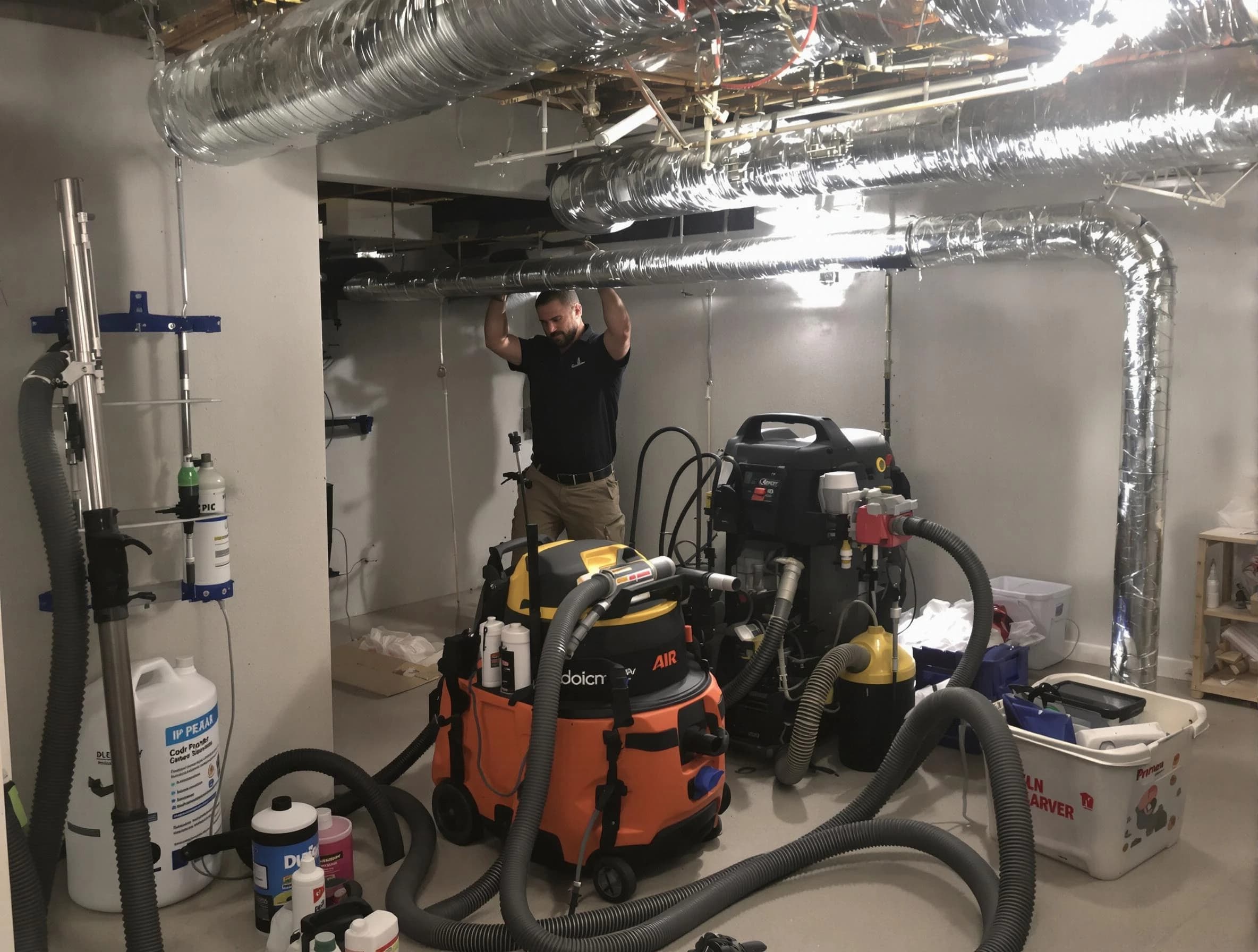 Lilburn Air Duct Cleaning specialist performing professional mold removal from air ducts using safety equipment in Lilburn